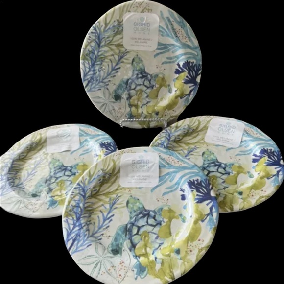 SET OF 4 SIGRID OLSEN COASTAL MELAMINE BLUE GREEN SEA TURTLE 9" SALAD PLATES - Picture 2 of 2